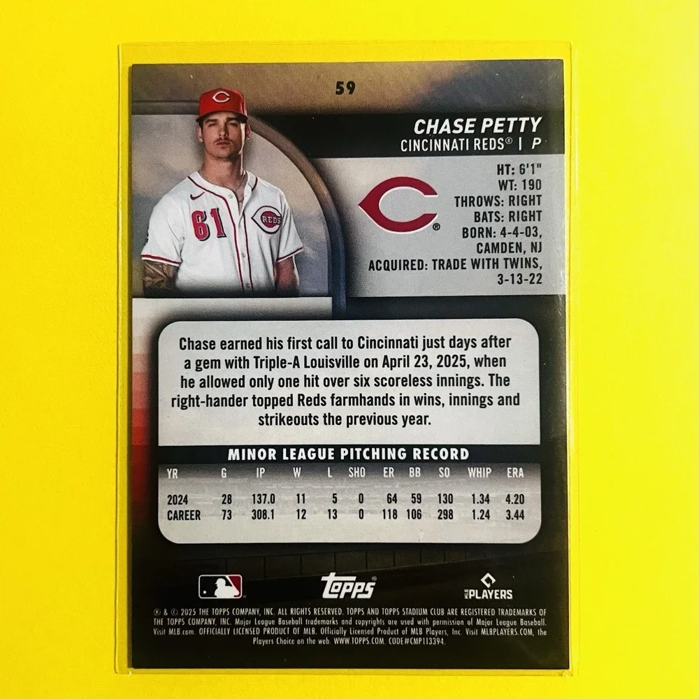 2025 Topps Stadium Club Chase Petty #59 Light Blue Parallel RC‎ Cincinnati Reds